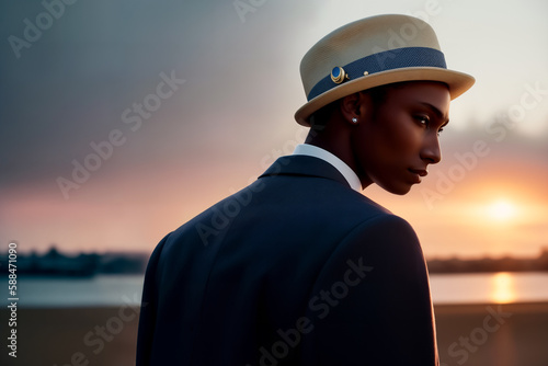 Street fashion portrait of a stylish young elegant luxury African man in a straw beige hat and coat or jacket in retro style by the lake at sunset photo