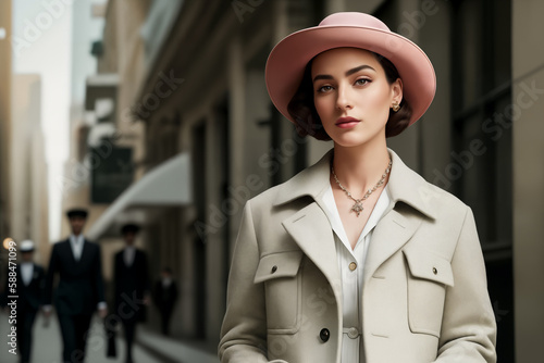 Street fashion portrait of stylish young elegant luxury woman in pink hat and gray coat or jacket in retro style photo