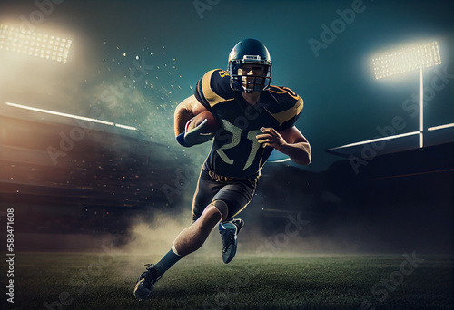 American football or rugby player running on the field in stadium.