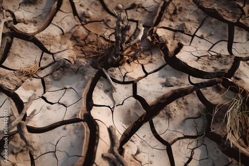 Land With Dry and Cracked Ground, Dry Plants, Background or Graphic Design With the Concept of Drought and Water Shortage Problem: AI Generated Image