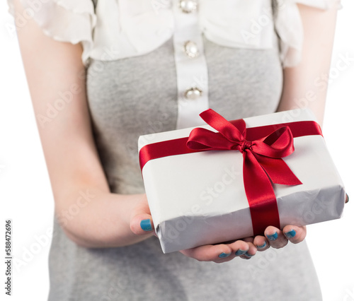 Woman offering a wrapped gift