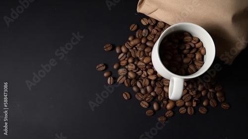 Top view of Cup of coffee and coffee beans in a sack on dark background. Generative AI.