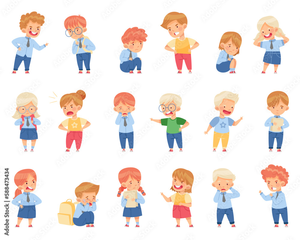 Angry Kids Bullying and Abusing the Weak Agemate Teasing and Laughing at Them Big Vector Set Angry Kids Bullying and Abusing the Weak Agemate Teasing and Laughing at Them Big Vector Set