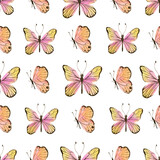 Watercolor seamless pattern with pink butterflies. Hand drawn watercolor cute butterflies. Winged insects for design.