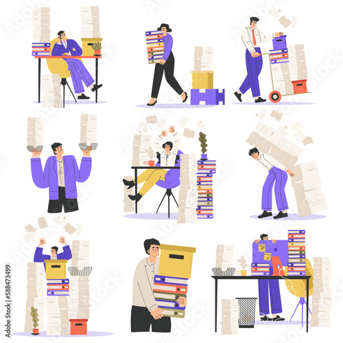 Office Bureaucracy with People Characters Having Loads of Paperwork Vector Set