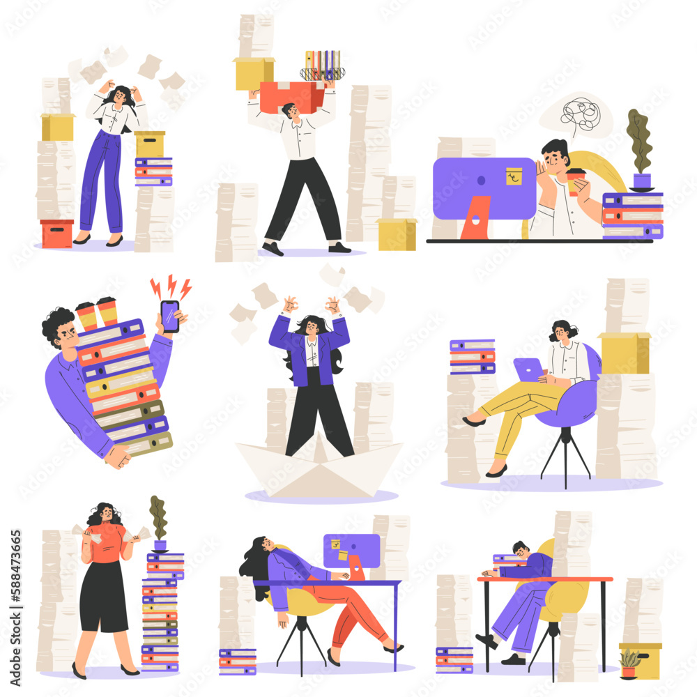 Office Bureaucracy with People Characters Having Loads of Paperwork Vector Set