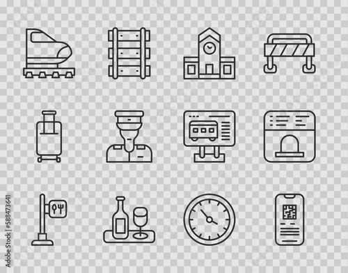 Set line Cafe and restaurant location, E-ticket train, Railway station, Wine bottle with glass, High-speed, Train conductor, clock and Ticket office buy tickets icon. Vector