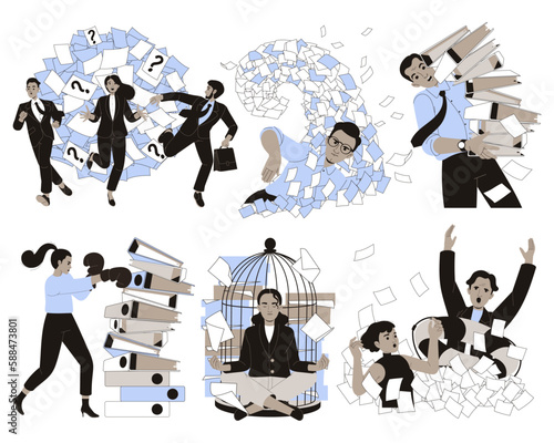 Office Bureaucracy with People Characters Having Loads of Paperwork Vector Set
