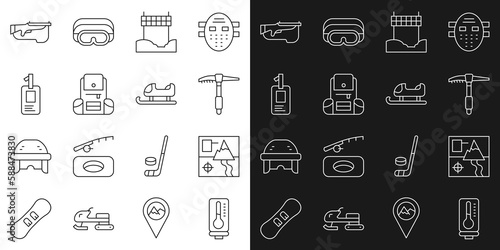 Set line Meteorology thermometer, Folded map, Ice axe, Ribbon in finishing line, Hiking backpack, Identification badge, Biathlon rifle and Sled icon. Vector