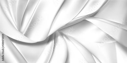 Background of white pieces of fabric, leather or silk ribbons. Cloth with folds.