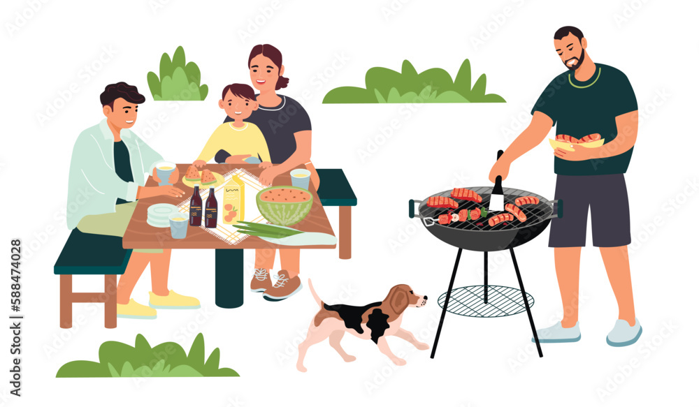 Happy family on a barbecue picnic.Dad,mum,teenager son, little child and dog.Smiling relatives have fun together.Parents and children have a rest.Cartoon flat vector illustration on white background. Happy family on a barbecue picnic.Dad,mum,teenager son, little child and dog.Smiling relatives have fun together.Parents and children have a rest.Cartoon flat vector illustration on white background.