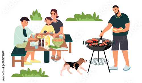 Happy family on a barbecue picnic.Dad,mum,teenager son, little child and dog.Smiling relatives have fun together.Parents and children have a rest.Cartoon flat vector illustration on white background.
