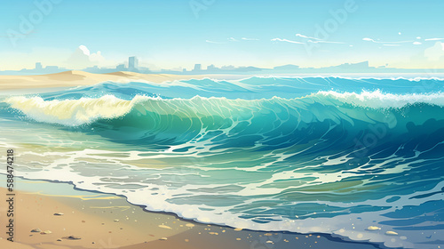  Concept of summer party and travel, summer beach and wave, Vector illustration in minimalist style 
