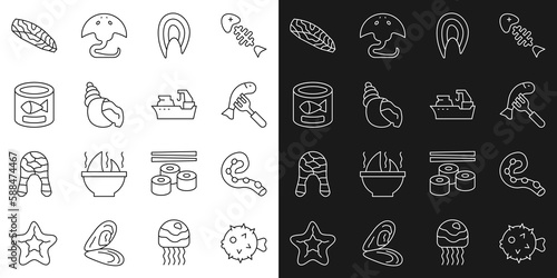Set line Fish hedgehog  Octopus of tentacle  Served fish on plate  steak  Scallop sea shell  Canned  and Fishing boat icon. Vector