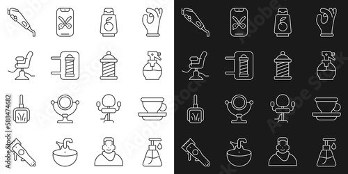 Set line Cream cosmetic tube, Coffee cup, Hairdresser pistol spray bottle, Bottle shampoo, Barber shop pole, Barbershop chair, Electrical clipper and icon. Vector