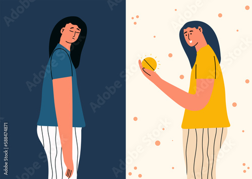 Treating depression with a course of antidepressants concept. The woman suffers from a depressive disorder and is treated with medication. Vector illustration in hand drawn style