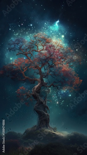 Tree in a landscape with stars Created with Generative Ai Technology