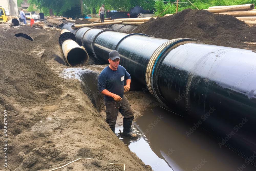 Pipeline construction, placing pipes in the ditch with construction equipment in the background. High quality generative ai