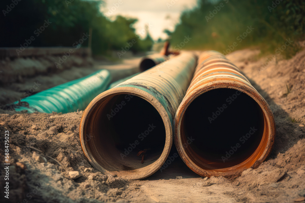 Pipeline construction, with pipes placed on the ground. High quality generative ai