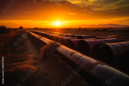 Pipeline construction with construction equipment in the background. Sunset. High quality generative ai