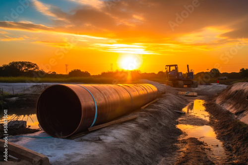 Pipeline construction with construction equipment in the background. Sunset. High quality generative ai