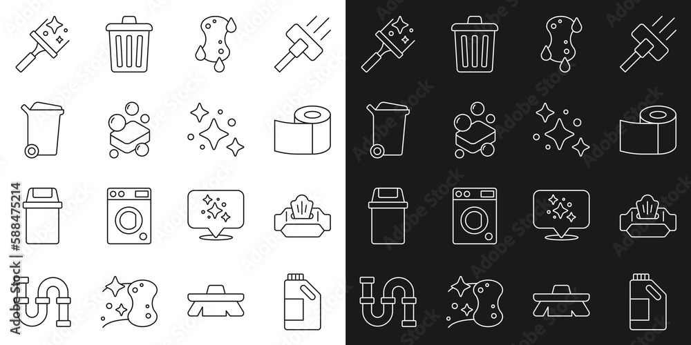Set line Bottle for cleaning agent, Wet wipe pack, Toilet paper roll, Sponge, Bar of soap, Trash can, Rubber cleaner windows and Home service icon. Vector Set line Bottle for cleaning agent, Wet wipe pack, Toilet paper roll, Sponge, Bar of soap, Trash can, Rubber cleaner windows and Home service icon. Vector