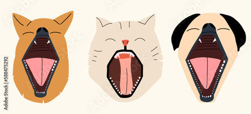 Set of animals with open mouth. Dogs and cats yawn. Funny pets close-up. Design elements. Vector illustration in hand drawn style