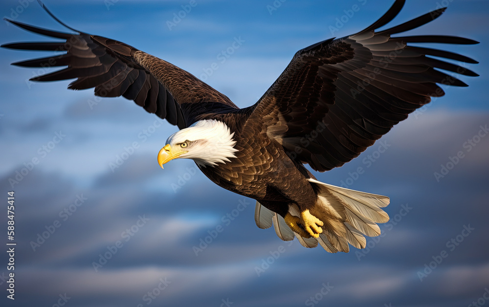 Bald eagle soaring in the sky with wings spread wide. The background is cloud. Generative AI Bald eagle soaring in the sky with wings spread wide. The background is cloud. Generative AI