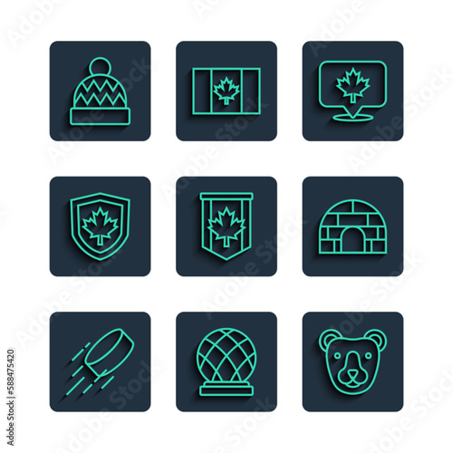 Set line Hockey puck, Montreal Biosphere, Bear head, Canadian maple leaf, Pennant flag of Canada, shield, Beanie hat and Igloo ice house icon. Vector