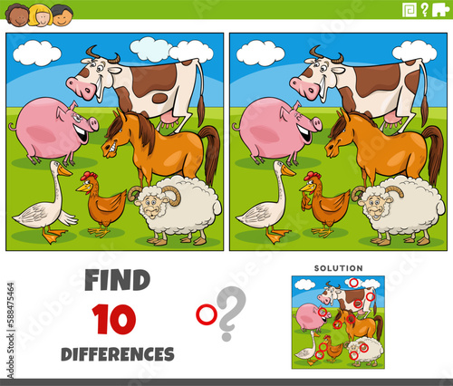 differences task with cartoon farm animal characters
