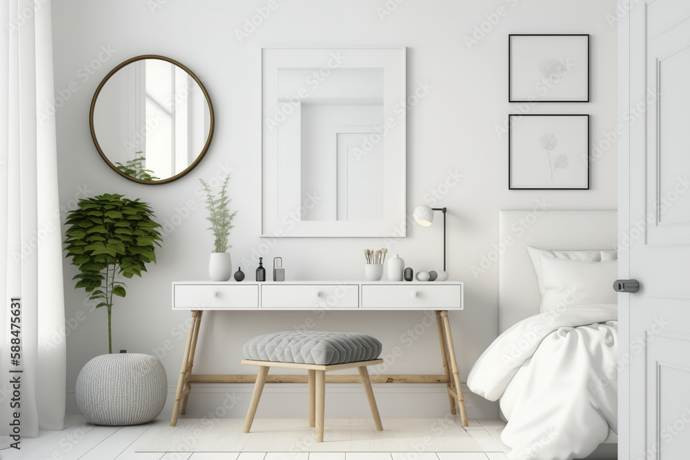 Interior of a white bedroom with a wooden vanity, a pouffe, a mirror