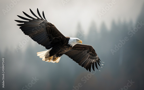 Bald eagle soaring in the sky with wings spread wide. The background is cloud. Generative AI