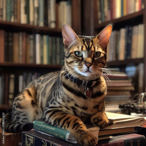 Bengal Cat with Lots of Books, Generative AI