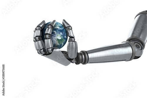 Digital image of chrome robot hand holding globe