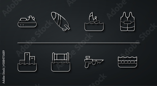 Set line Jet ski, Winner podium, Life jacket, Fishing harpoon, Water volleyball net, Surfboard, Swimming pool and Windsurfing icon. Vector