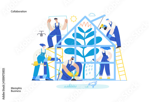 Memphis business illustration. Collaboration -modern flat vector concept illustration, team, people working together in greenhouse, constructing, watering, planting. Corporate teamwork metaphor.