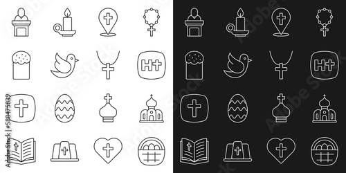 Set line Basket with easter eggs, Church building, Christian cross, Location church, Dove, Easter cake, pastor preaching and chain icon. Vector
