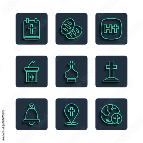 Set line Church bell, Location church building, Christian cross with globe, tower, sermon tribune, Calendar Easter and Grave icon. Vector