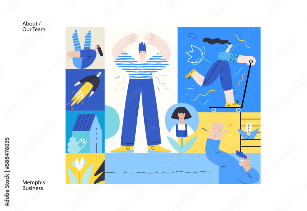 Memphis business illustration - our team, header. Flat style modern outlined vector concept illustration. Group of people, creaw, standing together. Corporate teamwork business metaphor.
