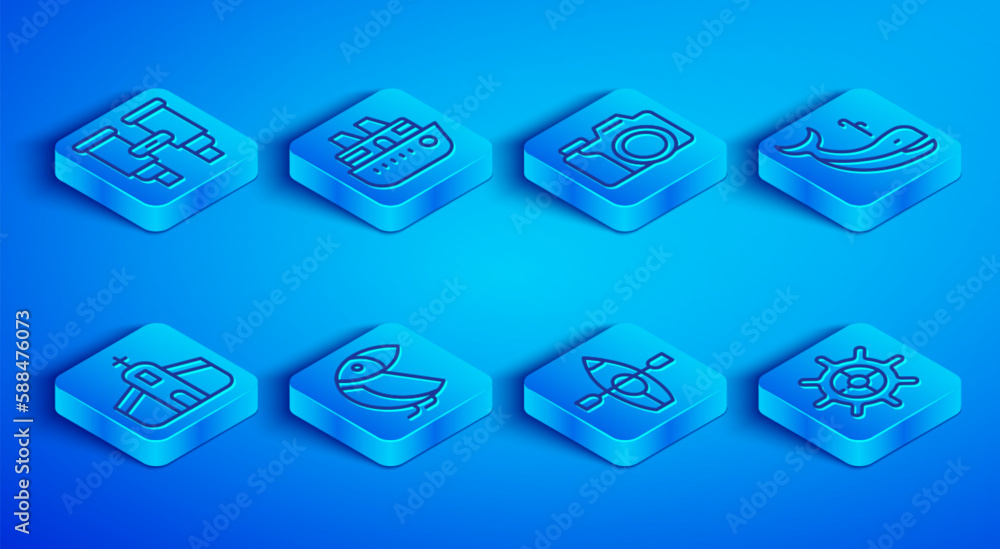 Set line Binoculars, Cruise ship, Photo camera, Albatross, Kayak and paddle, Whale, Church building and Ship steering wheel icon. Vector Set line Binoculars, Cruise ship, Photo camera, Albatross, Kayak and paddle, Whale, Church building and Ship steering wheel icon. Vector