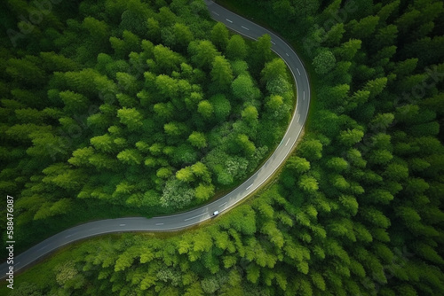 Route sinueuse dans une forêt dense de pins verts, vue du ciel.