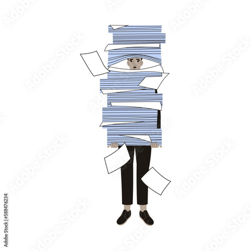 Office Bureaucracy with Man Character with Loads of Paperwork Vector Illustration