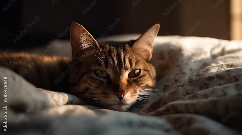 Tabby cat lying peacefully on a cozy bed- Generative AI