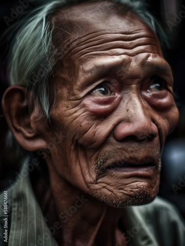 The wrinkled face reflects years of hardship and perseverance