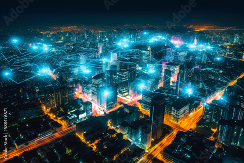 Modern city with wireless network connection concept, nighttime panorama with visualization of connections. High quality generative ai