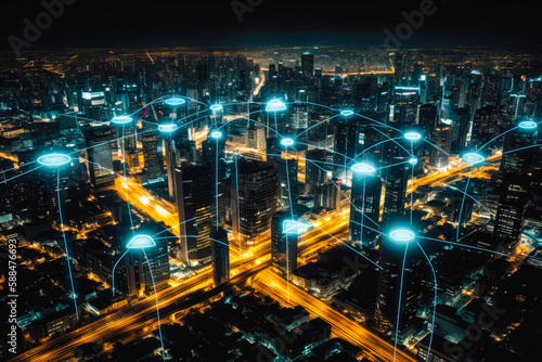 Wallpaper Mural Modern city with wireless network connection concept, nighttime panorama with visualization of connections. High quality generative ai Torontodigital.ca