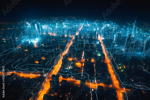 Modern city with wireless network connection concept  nighttime panorama with visualization of connections. High quality generative ai