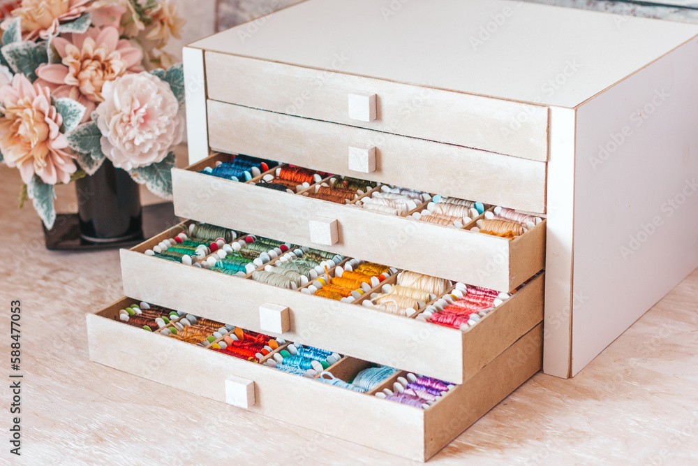 Beautiful box for threads with compartments. Beautiful colored threads in a box