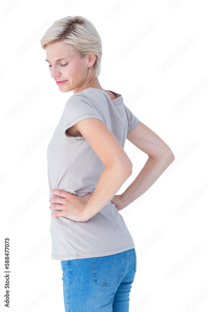 Blonde woman suffering from back pain Blonde woman suffering from back pain