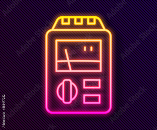 Glowing neon line Dosimeter for measuring radiation icon isolated on black background. Gamma radiation personal dosimeter. Vector